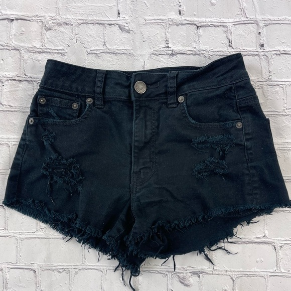 American Eagle Woman’s Black Distressed Hi Rise Festival Stretch Jean shorts 2 - Picture 1 of 10